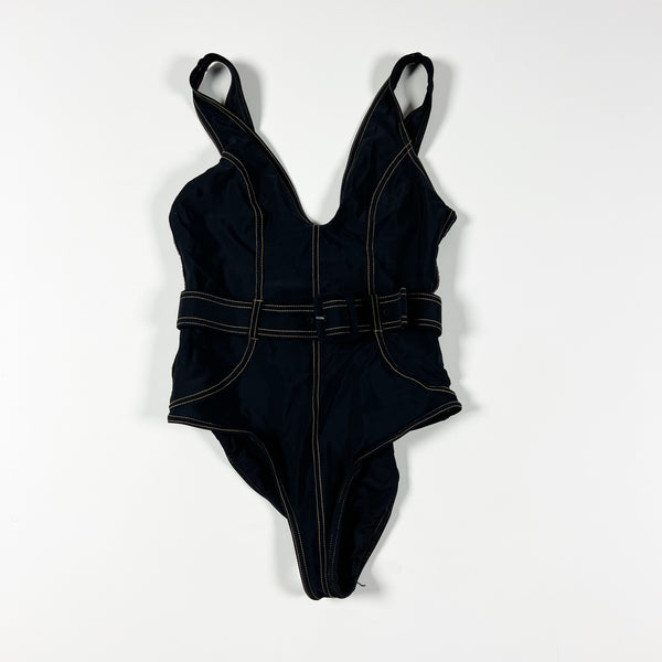 Devon Windsor Dixie Contrast Stitching Full One Piece Swim Bathing Suit Black M