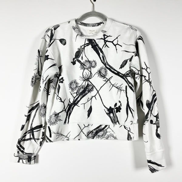 Rag &amp; Bone Wo Allover Black White Floral Flower Print Cotton Terry Sweatshirt S