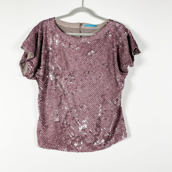 Alice + Olivia Dolman Short Sleeve Sequin Embroidered Lilac Lavender Blouse Top