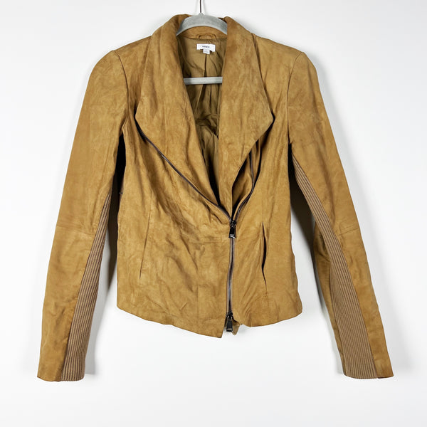 Vince Women's Genuine Goat Suede Leather Asymmetrical Zip Moto Jacket Brown S