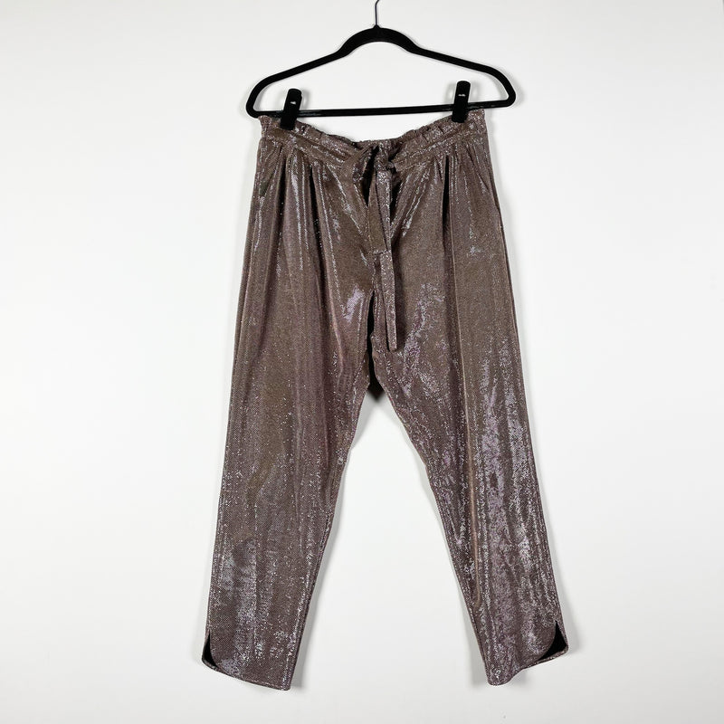 Ramy Brook Allyn Metallic Tie Waist Ankle Metallic Sparkle Pants Holiday Blush M