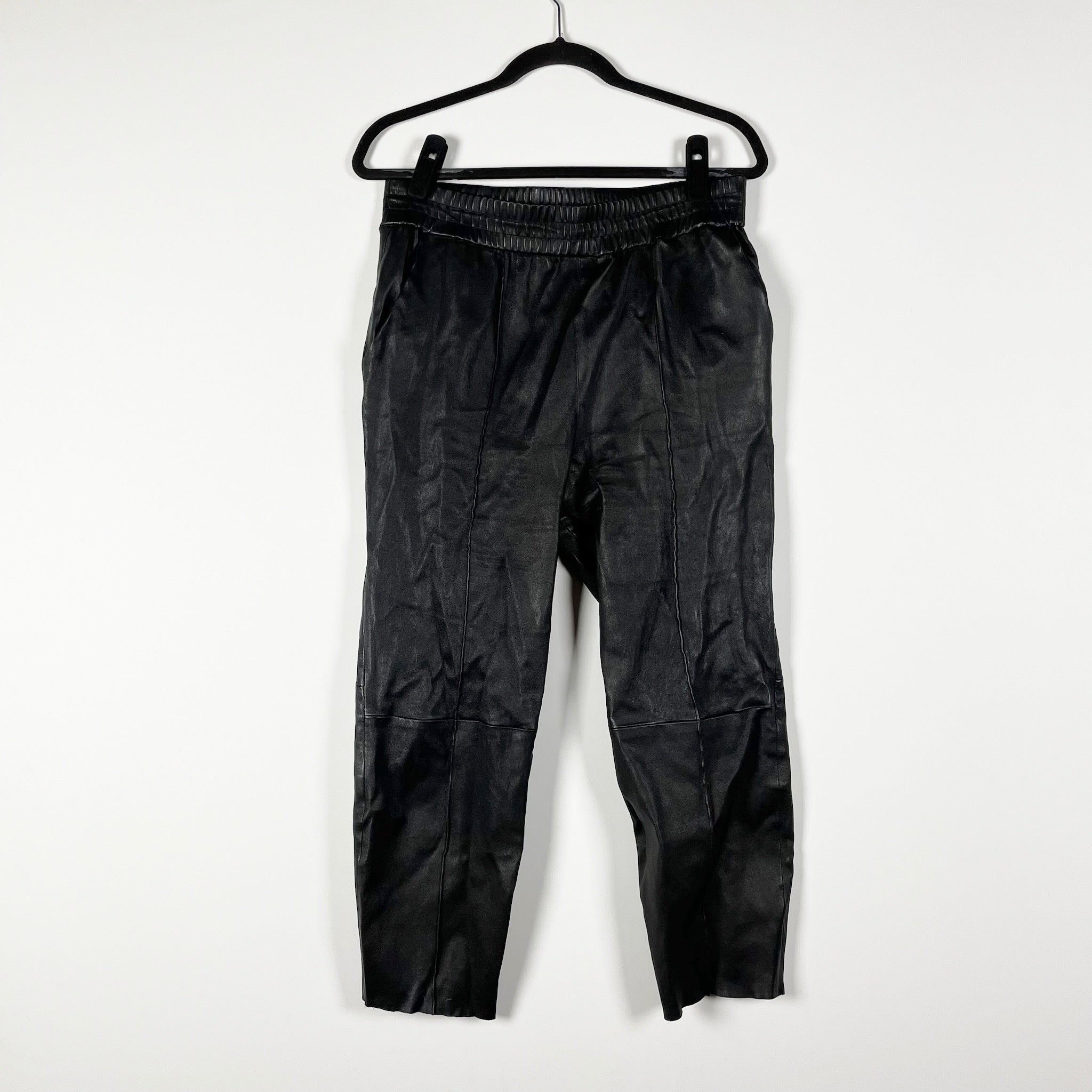 SPRWMN Genuine Leather Stretch Waist Straight Leg Seam Detail Pants Black M