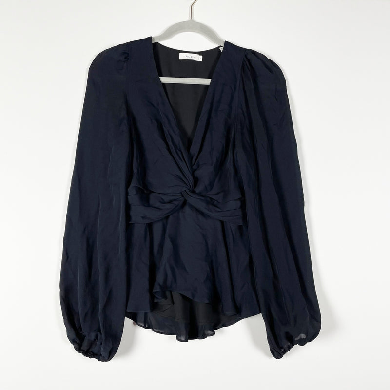 A.L.C. Silk Chiffon Twist Knit Front V Neck Long Sleeve Blouse Shirt Navy Blue 2