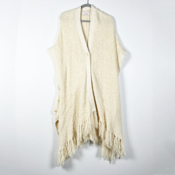 Rodebjer Cotton Blend Fringe Knit Jane Asymmetrical Button Poncho Sweater Cardi