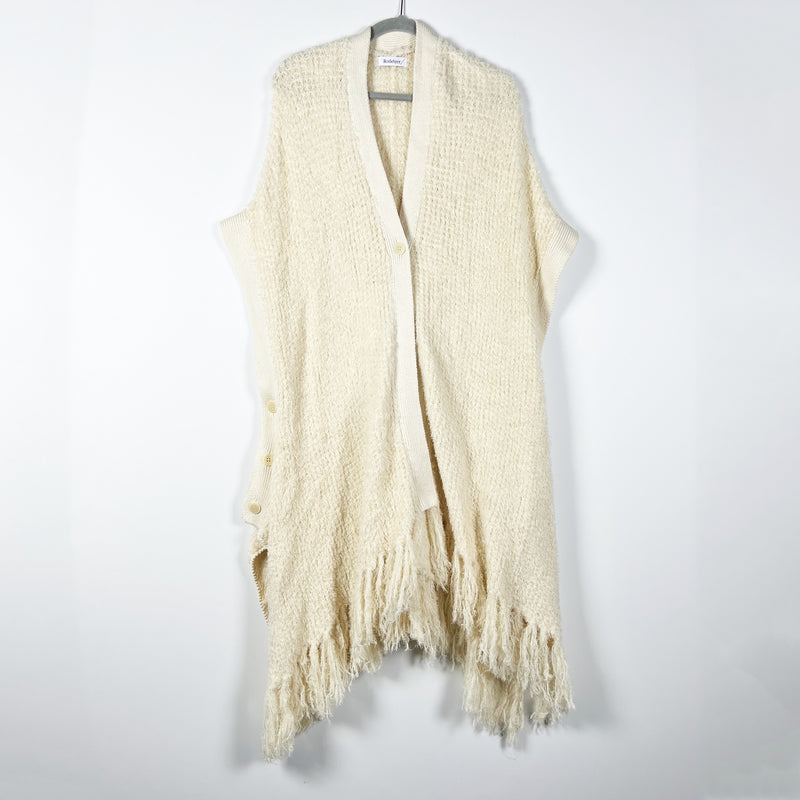 Rodebjer Cotton Blend Fringe Knit Jane Asymmetrical Button Poncho Sweater Cardi