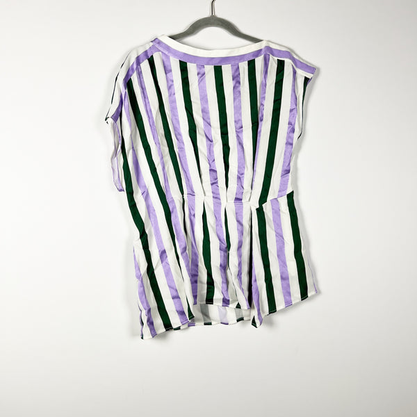 Lewit Sateen Purple White Green Multi Stripe Print Pleated Short Sleeve Blouse