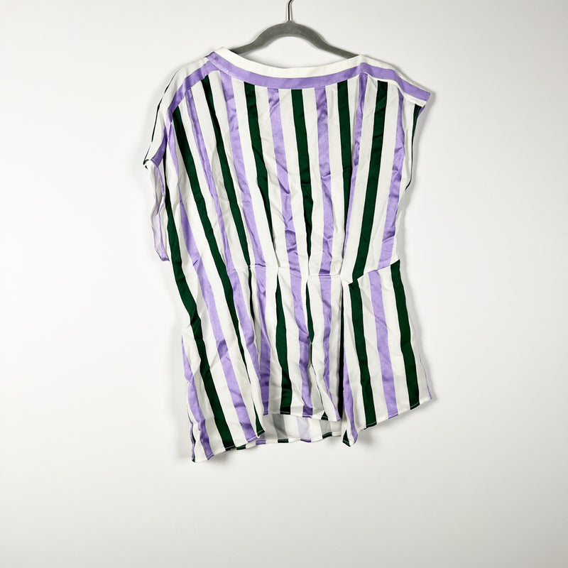 Lewit Sateen Purple White Green Multi Stripe Print Pleated Short Sleeve Blouse