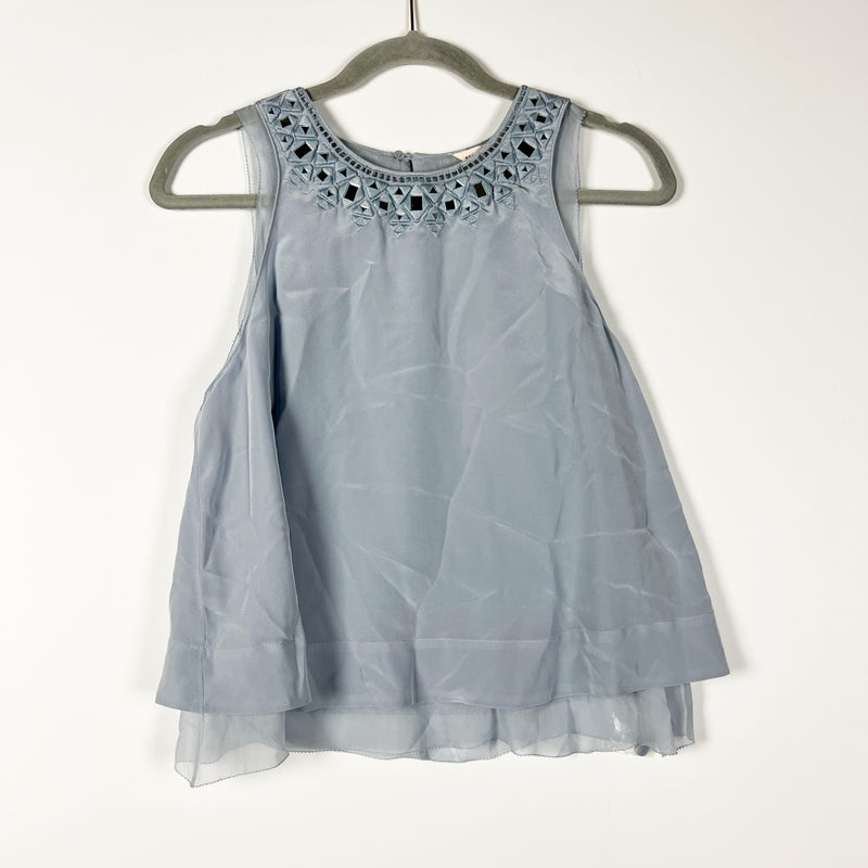 NEW Rebecca Taylor Sleeveless Mirror Eyelet Embroidered Silk Blue Mist Blouse 0