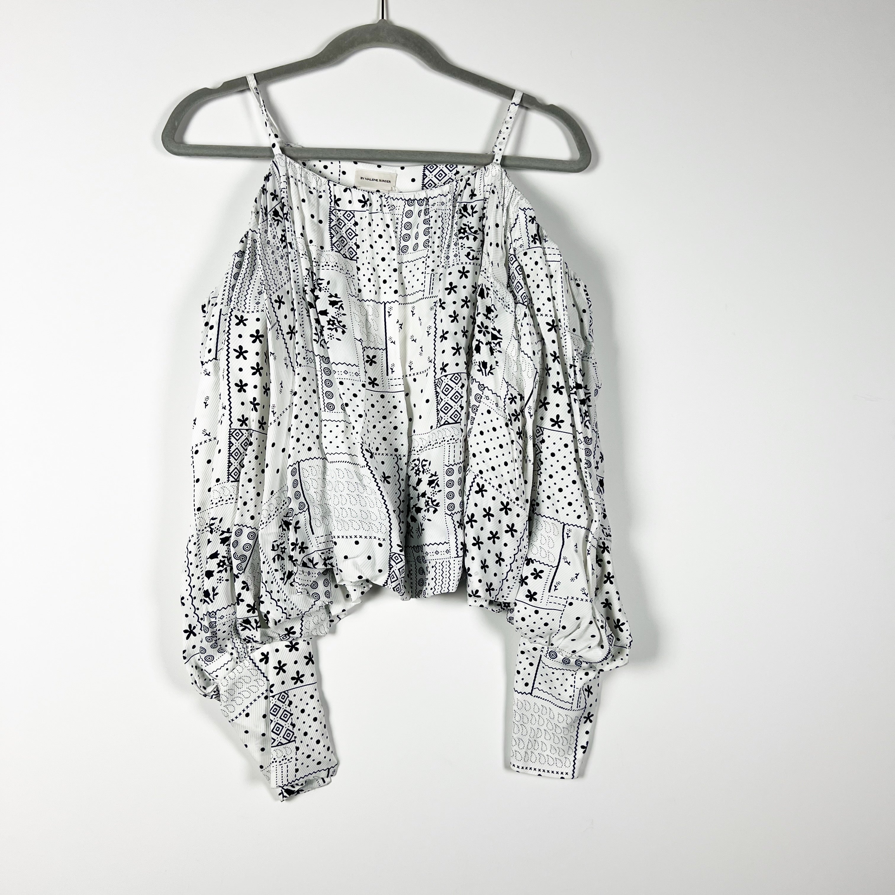 NEW By Marlene Birger Shorter Off The Shoulder Patchwork Print Pattern Blouse