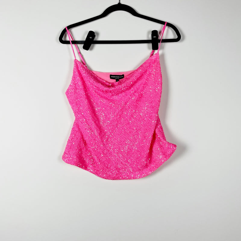 NEW Generation Love Monet Cowl Neck Sequin Sparkle Embellished Hot Pink Tank Top