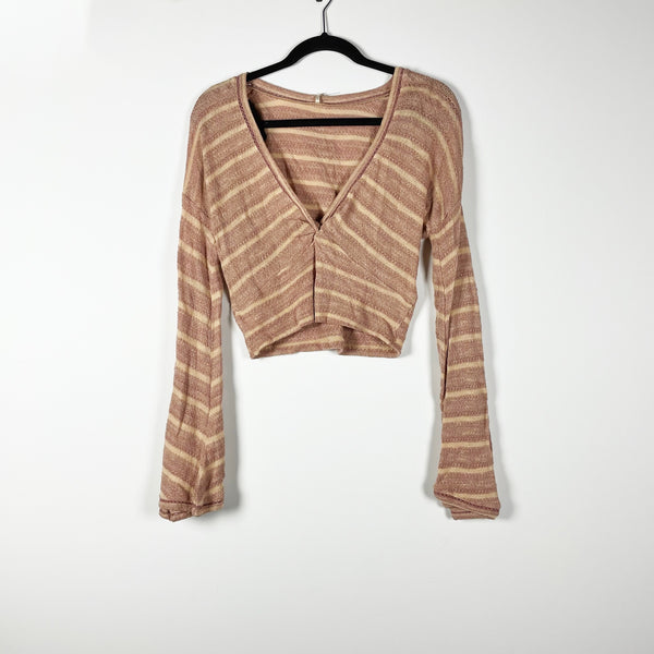 NEW Free People Give It A Spin Deep V Neck Bell Sleeve Striped Crop Top Sweater