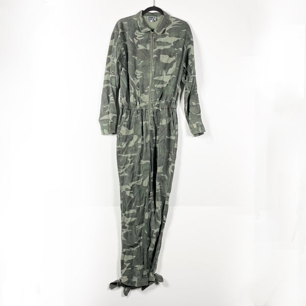 Pam And Gela Green Camo Army Print Full Zip Tencel Collared Jumpsuit Jumper M