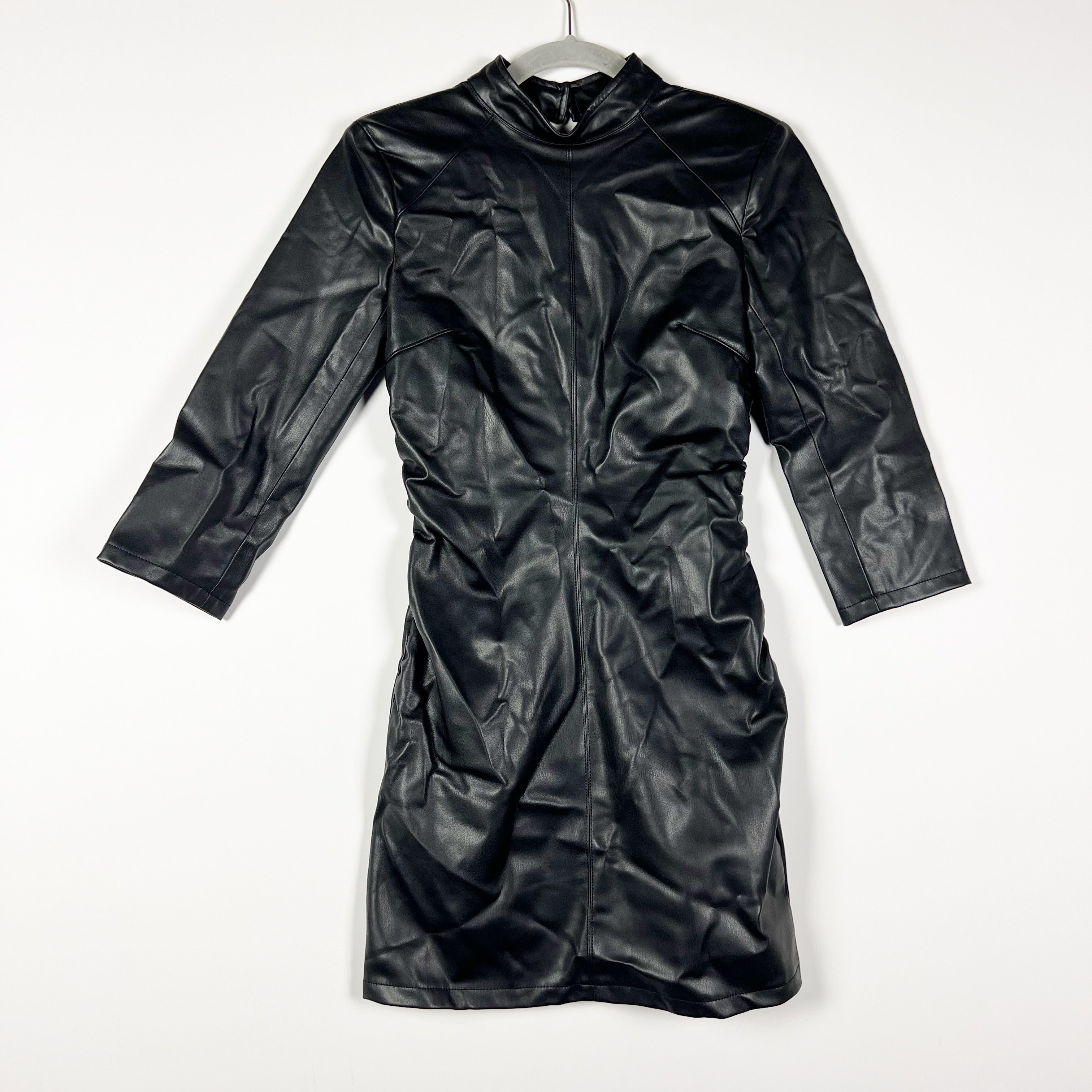 Zara Faux Vegan Leather High Neck Quarter Sleeve Backless Mini Party Dress Black