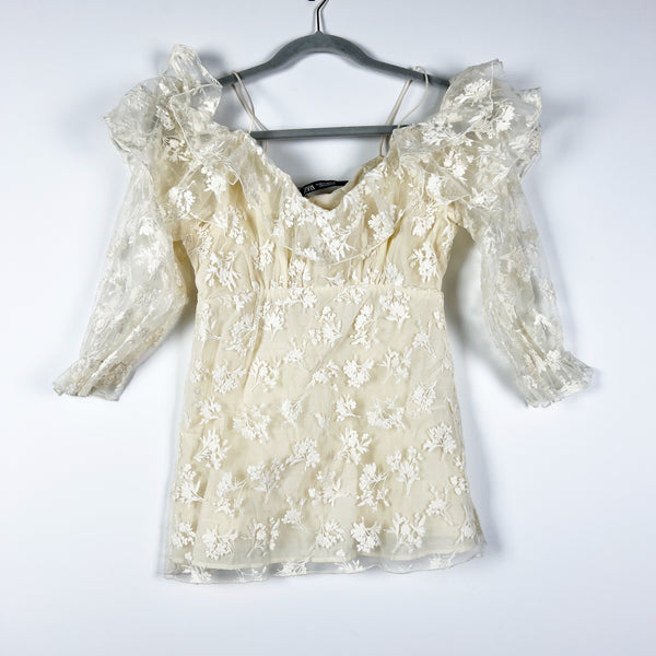 NEW Zara Floral Flower Allover Lace Sheer Mesh Chiffon Ruffle Mini Dress Ivory