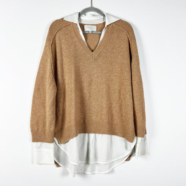 Brochu Walker The Looker Layered V-Neck Wool Cashmere Pullover Sweater Camel L