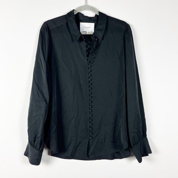 Frame Denim Le Victoria Silk Chiffon Long Sleeve V Neck Blouse Shirt Top Black