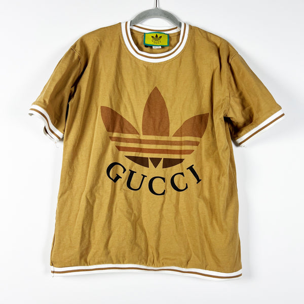 Gucci Adidas Trefoil Logo Graphic Print Cotton Crew Neck Short Sleeve Shirt Tan