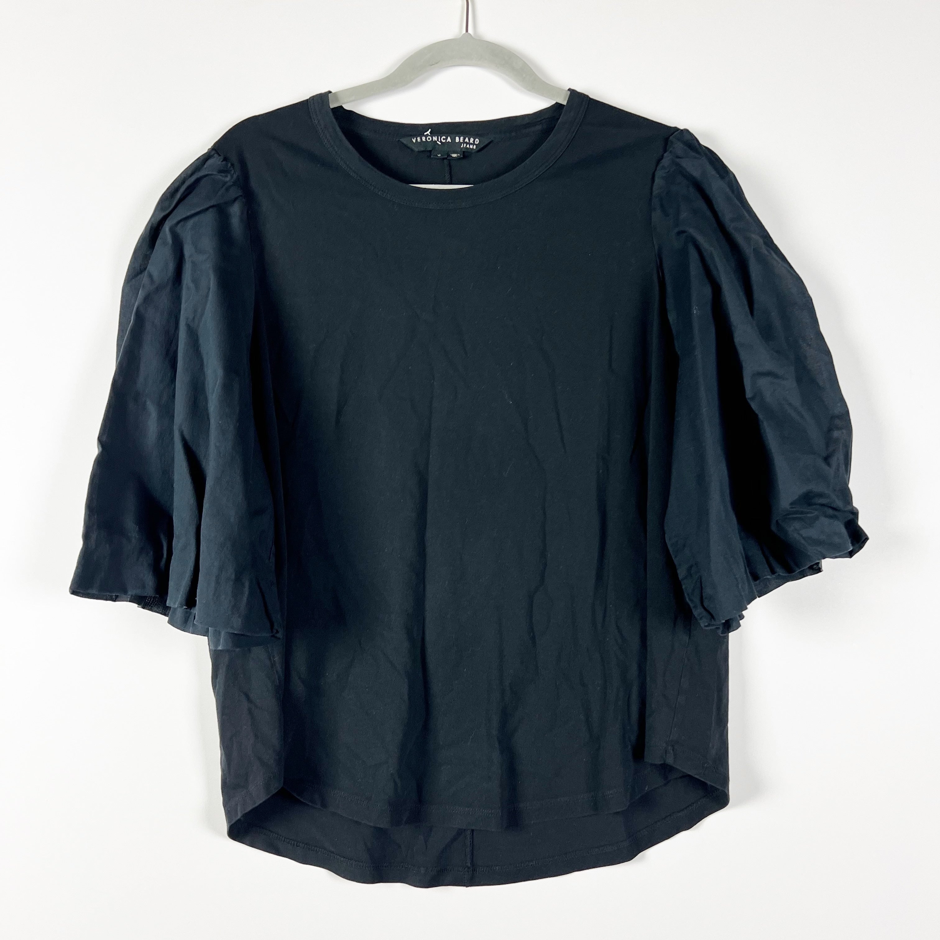 Veronica Beard Retta Cotton Poplin Puff Half Sleeve Crew Neck Tee Shirt Black XL