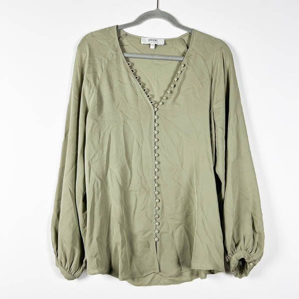 Joie Shariana Loop Button Silk Chiffon V Neck Long Sleeve Blouse Shirt Top Green