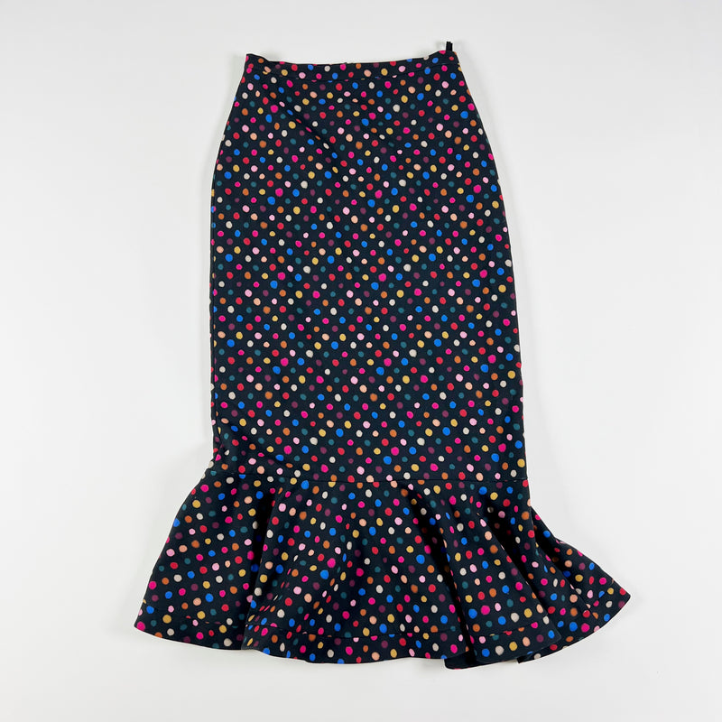 Saloni Portia Straight Pencil Ruffle Hem Polka Dot Print Pattern Midi Skirt 6