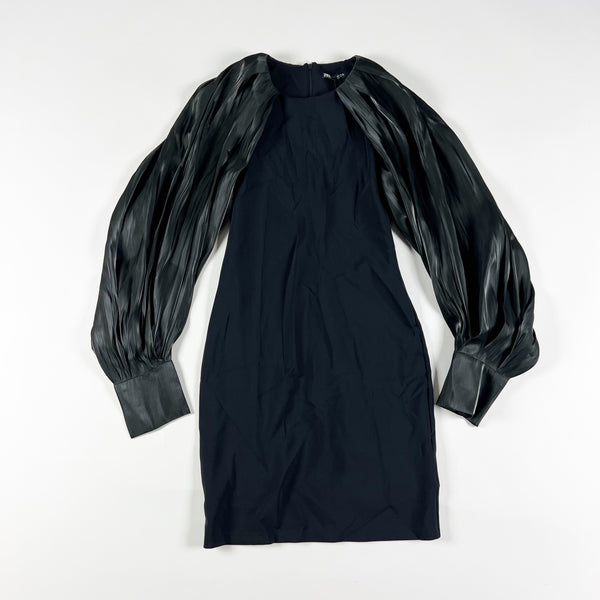 NEW Zara Satin Sheen Pleated Oversize Long Sleeve Combination Mini Dress Black M