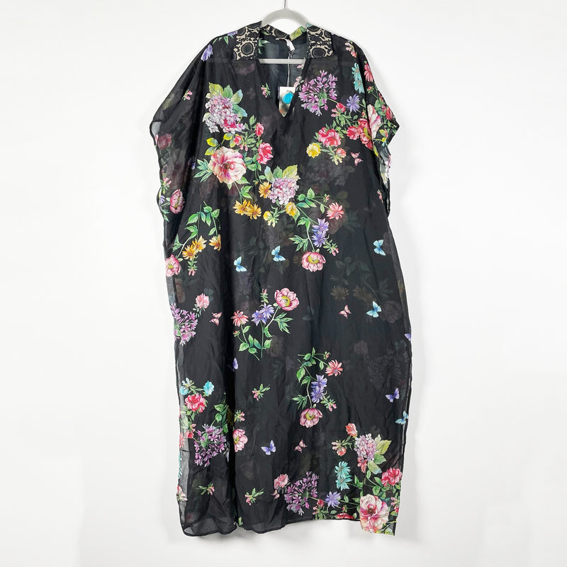 NEW Johnny Was Black Butterfly Floral Collared Kaftan Cotton Silk Pullover L/XL