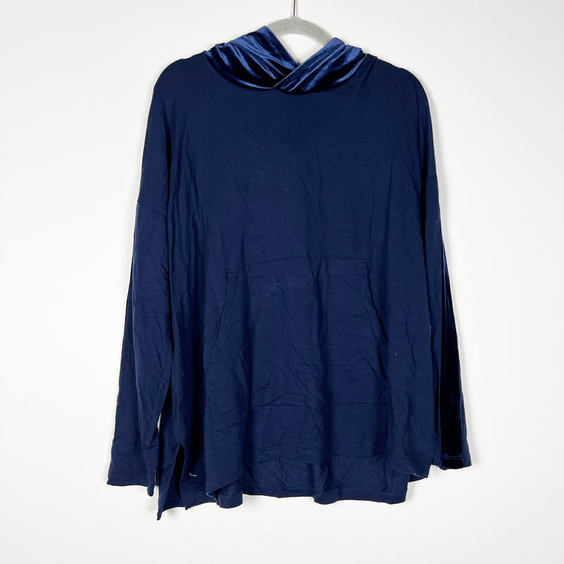 Eileen Fisher Ultra Soft Knit Velvet Velour Hoodie Pullover Pocket Sweater Blue