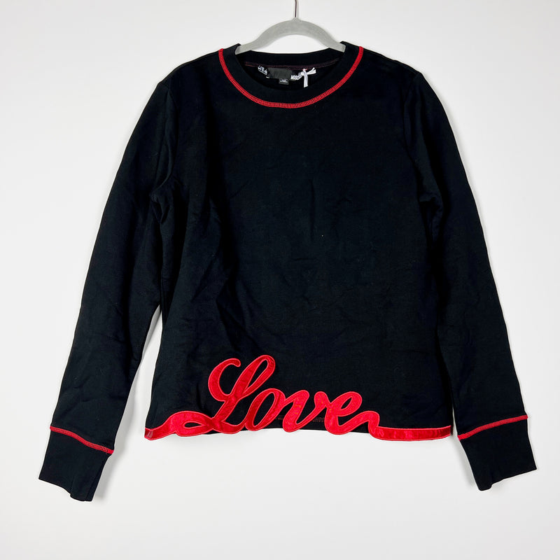 NEW Moschino LOVE Embroidered Graphic Cotton Crew neck Pullover Sweater Black 12