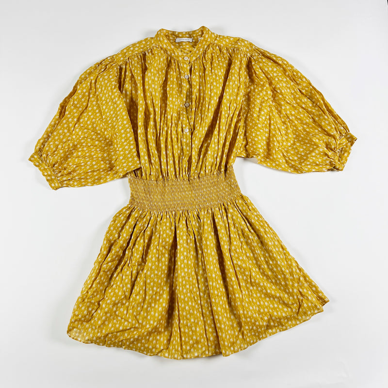 NEW Rebecca Taylor Ikat Print Pattern Cotton Smocked Waist Shirtdress Marigold M