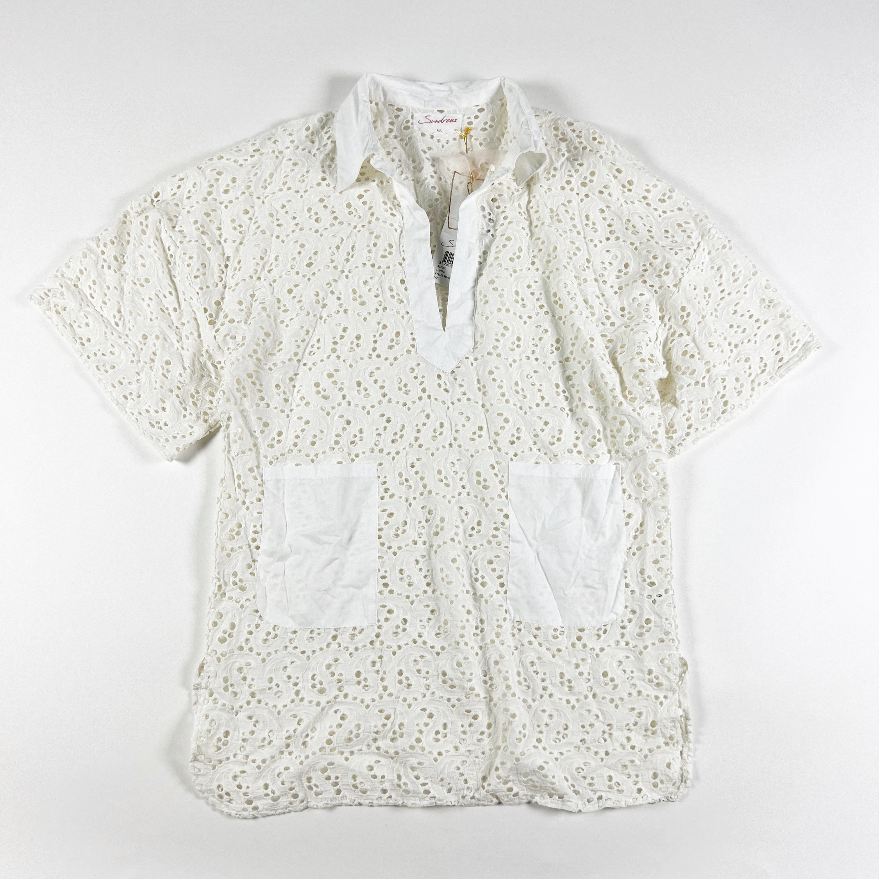 NEW Sundress Lupita Cotton Eyelet Perforated Collared V Neck Pullover Mini Dress