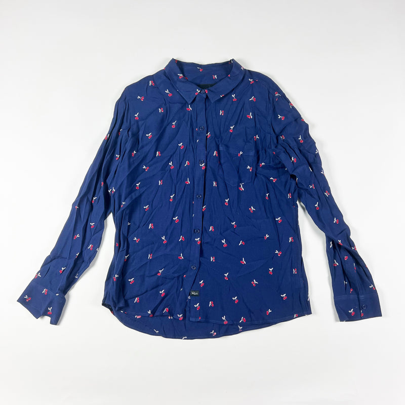 Rails Kate Women's Crepe Textured Navy Fruit Print Collared Button Front Blouse