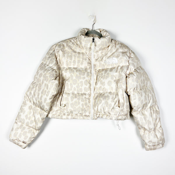 NEW The North Face Women's Nuptse Cropped Leopard Print Jacket Puffer White Grey