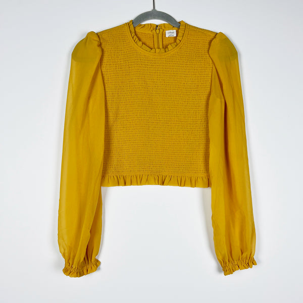 Wilfred Aritzia Tempest Smocked Stretch Chiffon Long Sleeve Ruffle Blouse Yellow