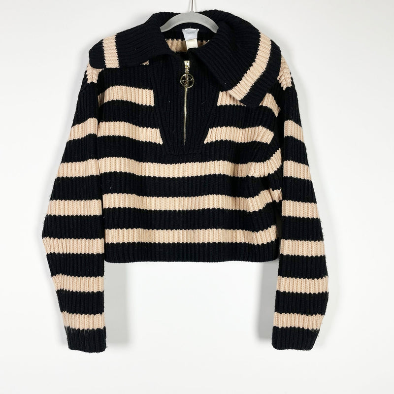 Patou Striped Zip Up Collar Rib Knit Pullover Jumper Sweater In Merino Wool M