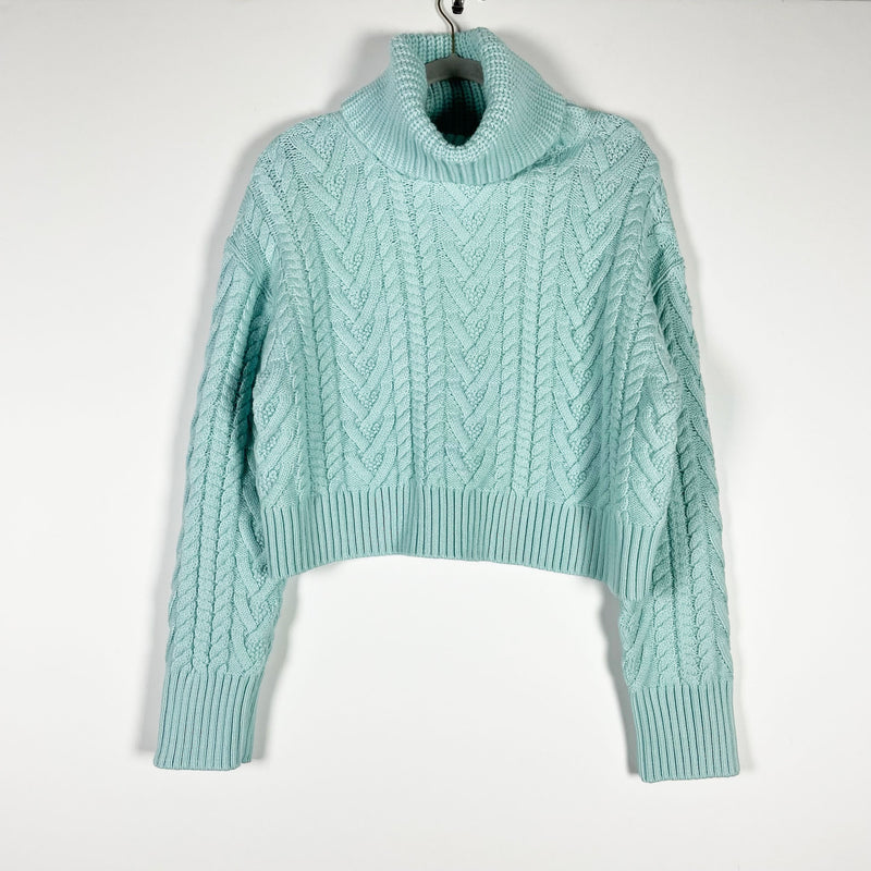 Alice + Olivia Nance Wide Sleeve Cable Knit Wool Turtleneck Sweater Julep Blue