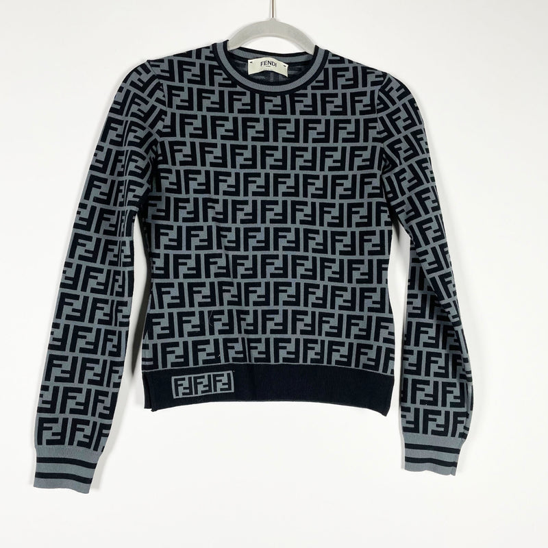 Fendi Made In Italy Women's Stretch Knit Double Logo Print Pullover Crew Sweater