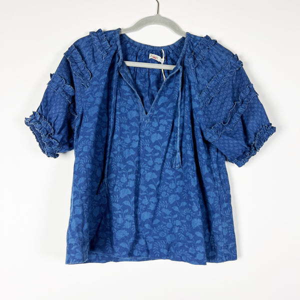 Faherty Bodhi Floral Raglan Sleeve Ruffle V Neck Organic Cotton Blouse Top Blue