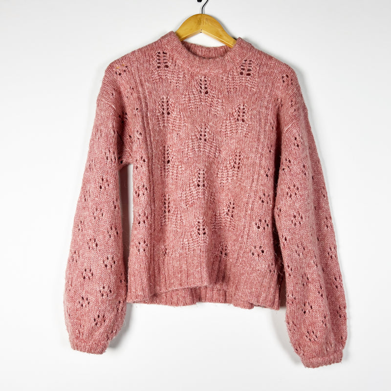 Joie Lihui Wool Alpaca Blend Knit Crew Neck Balloon Sleeve Pullover Sweater Pink