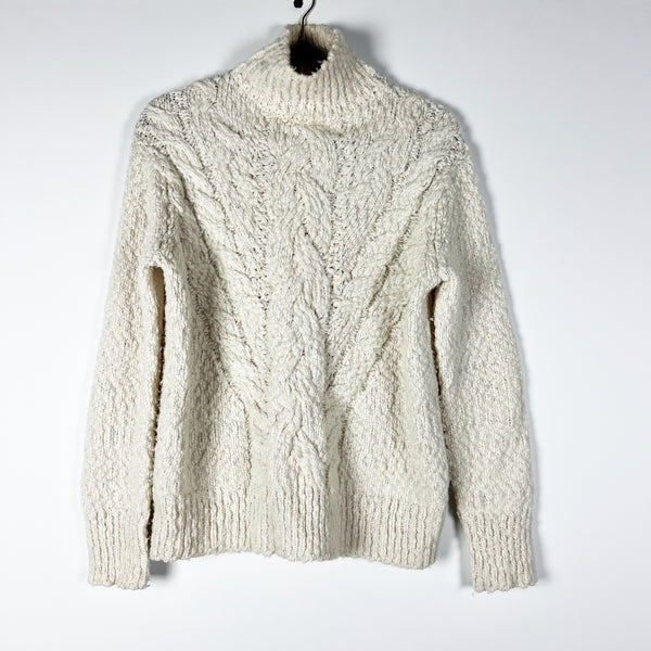 Vince Rising Cable Knit Stretch Wool Blend Pullover Turtleneck Sweater Ivory S