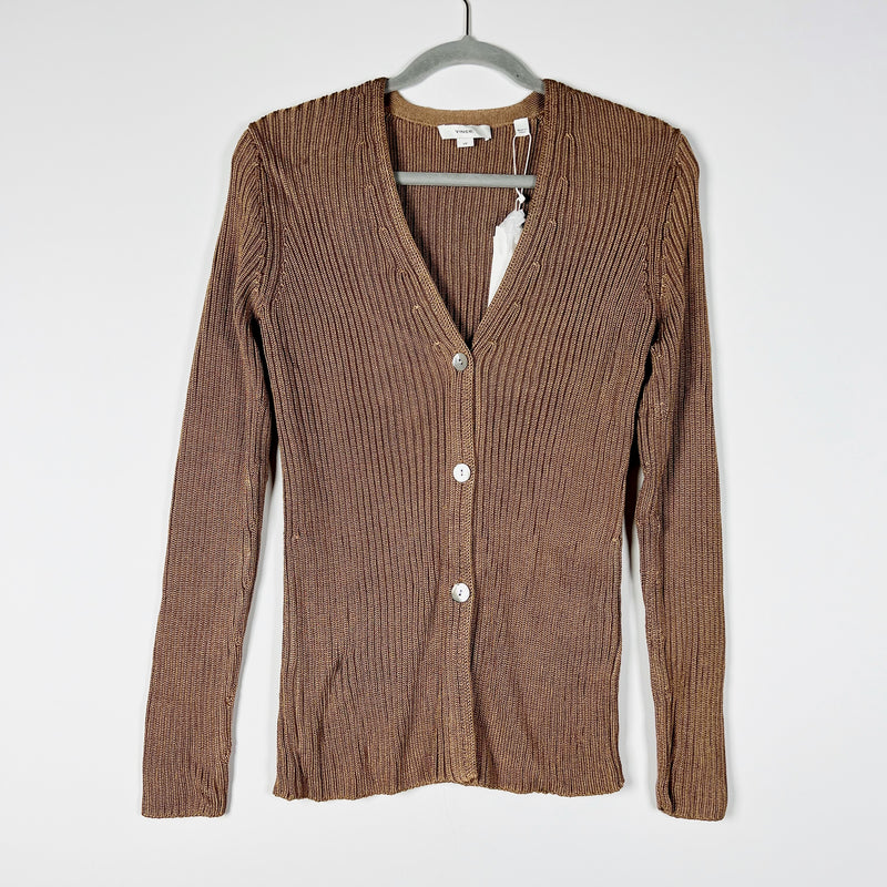 NEW Vince Ribbed Button Stretch Knit V Neck Cardigan Sweater Chestnut Small