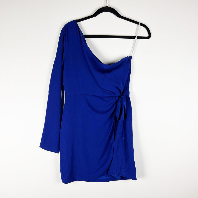 Superdown Kayla Crepe One Shoulder Long Sleeve Faux Wrap Mini Dress Cobalt Blue