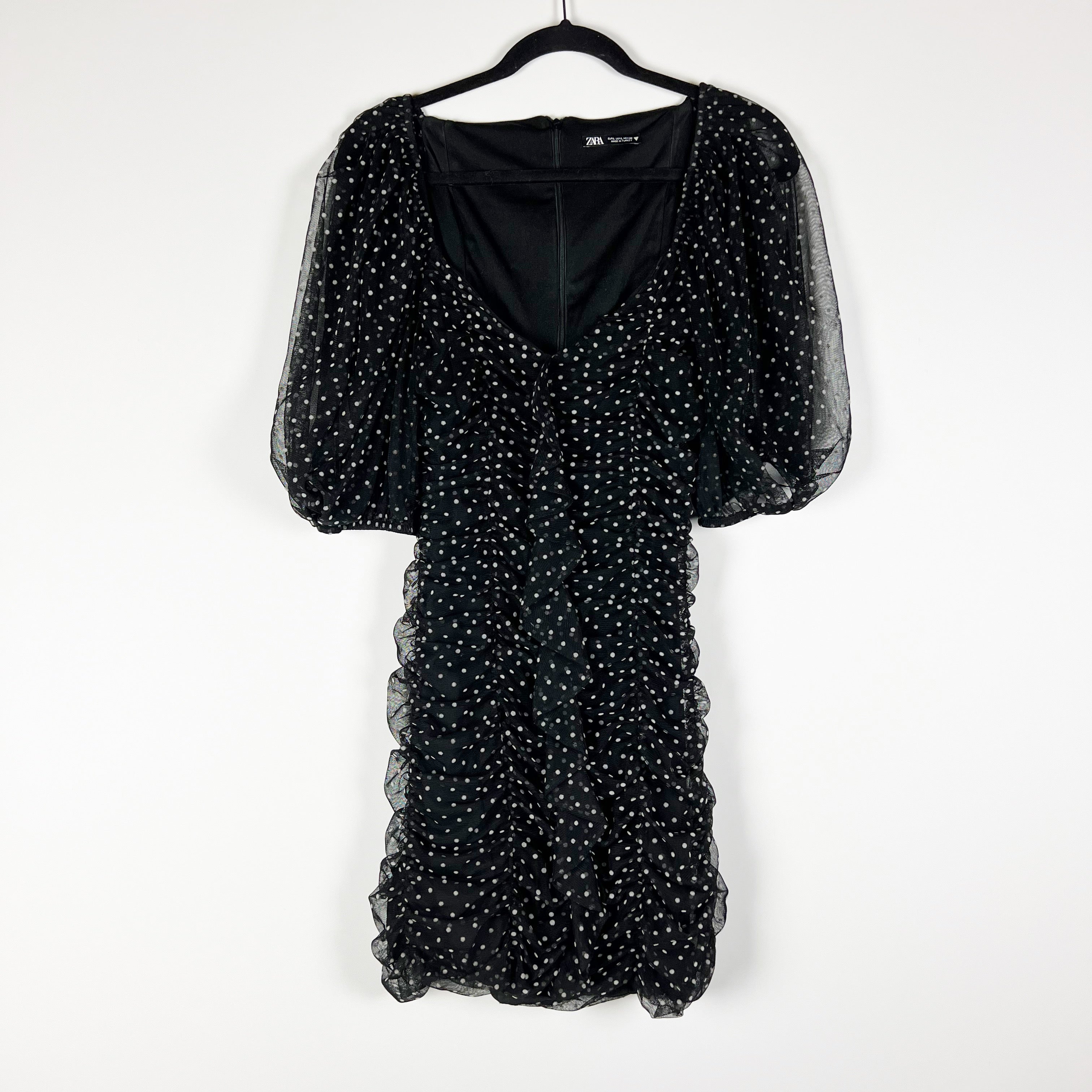Zara Tulle Mesh Chiffon Black White Polka Dot Print Ruched Mini Party Dress L