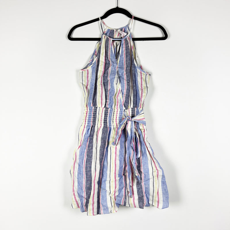 Parker Linen Cotton Smocked Stretch Waist High Neck Mini Stripe Print Dress S