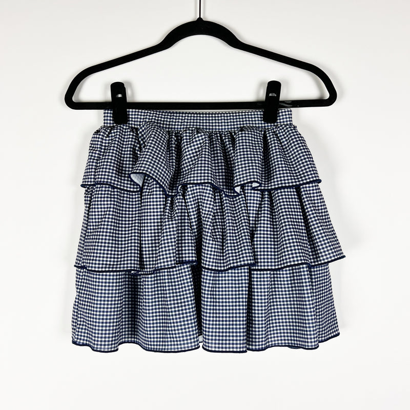 NEW Zara Blue White Micro Gingham Check Print Pattern Ruffle Tiered Mini Skirt S