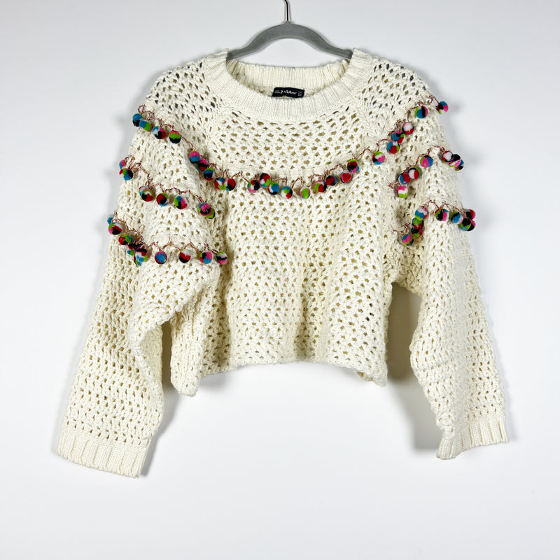 Zara Knit Wool Blend Crochet Multi Color Pom Pom Fringe Embellished Sweater S