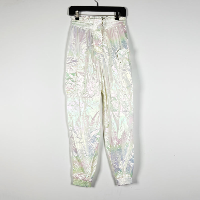 Zara White Pearl Holographic Metallic High Waisted Ankle Crop Joggers Pants S