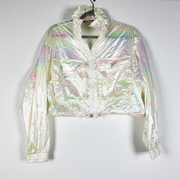 Zara White Pearl Holographic Metallic Full Zip High Neck Multi Pocket Jacket S