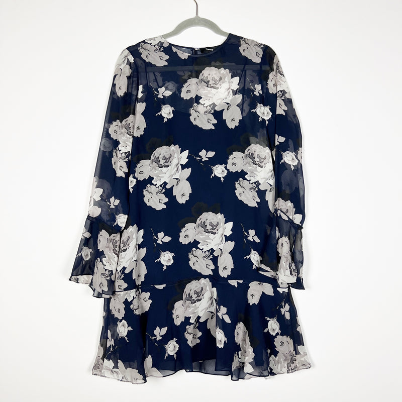 Theory Marah Distressed Floral Print Pattern Silk Chiffon Pullover Mini Dress 6