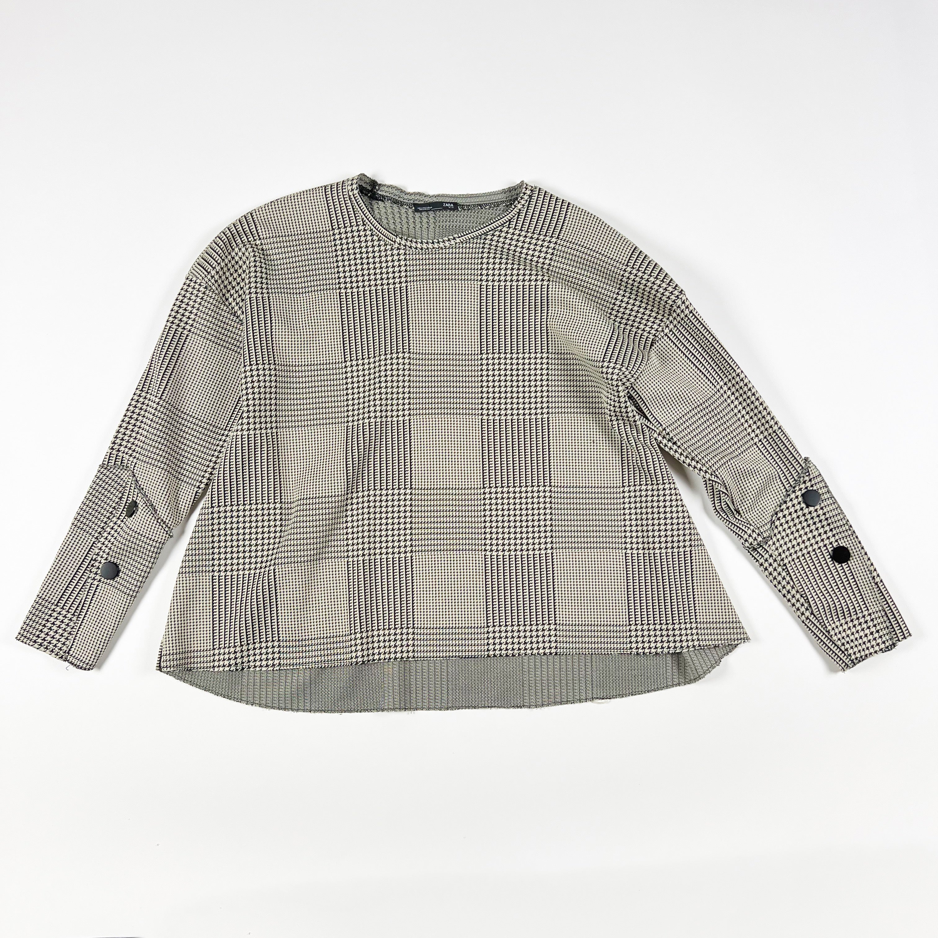 Zara W/B Women's Micro Houndstooth Print Pattern Long Button Sleeve Blouse Shirt