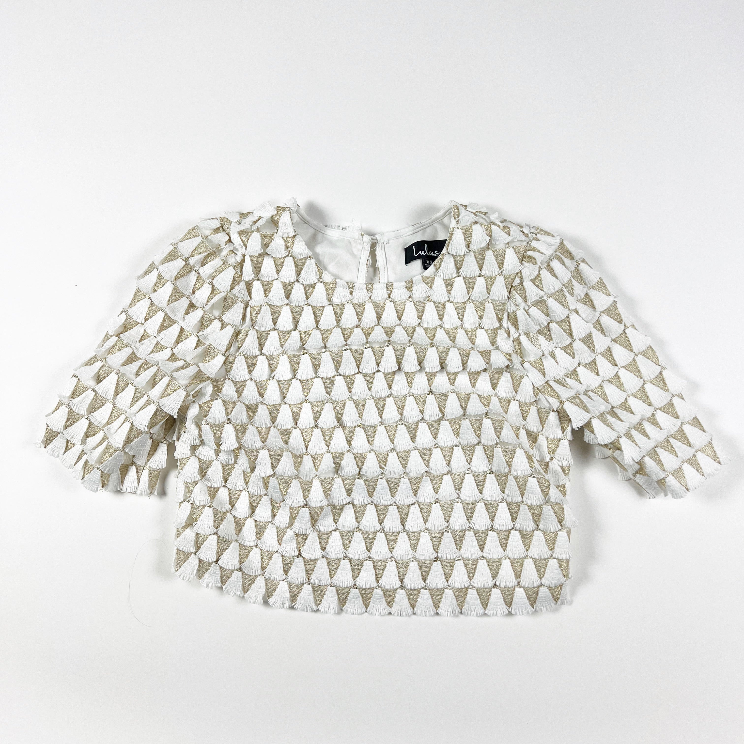 Lulus Fringe Tassel Textured Embroidered Gold Metallic Cropped Blouse Shirt Top